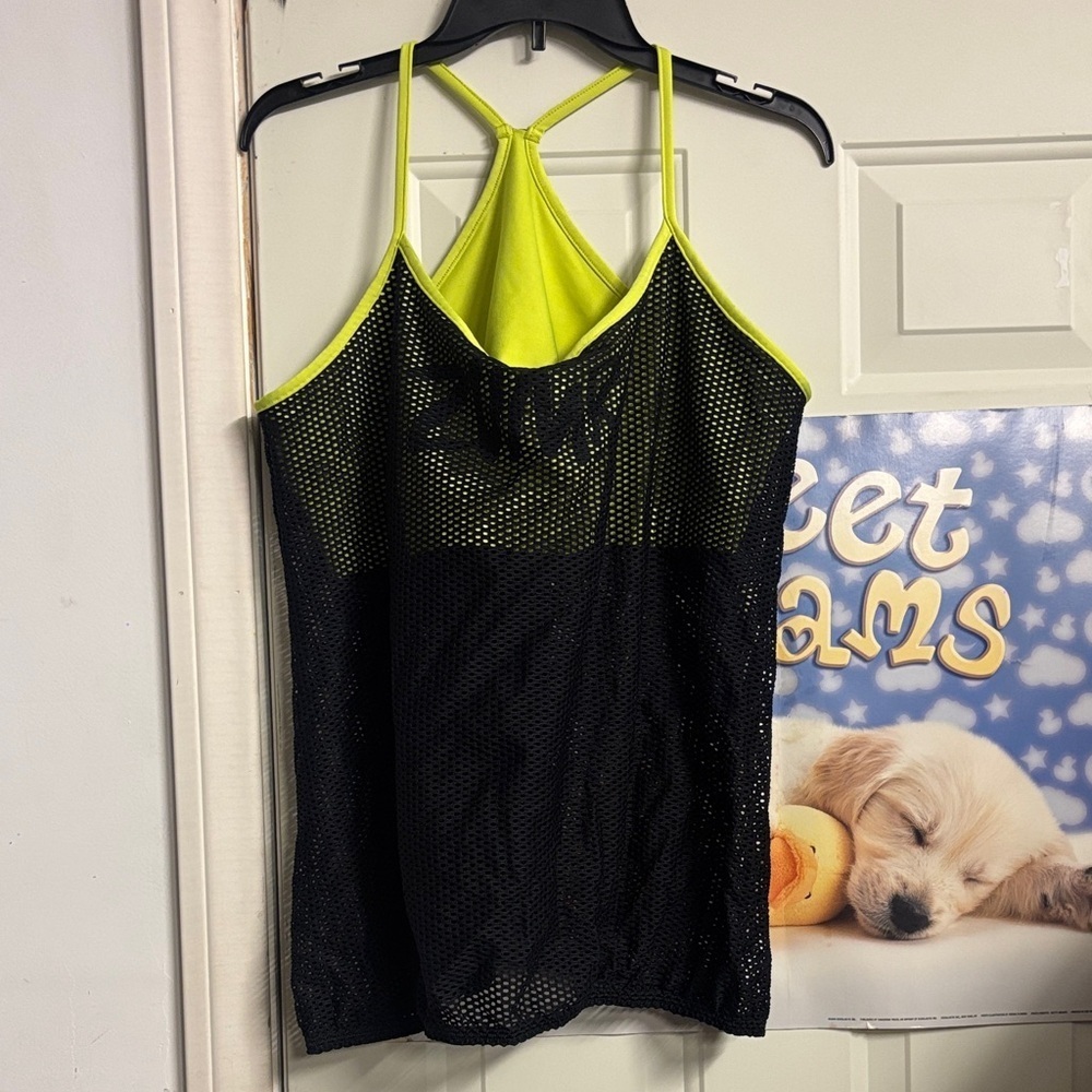 Zumba Fitness Black Mesh Tank with Neon Yellow Lining